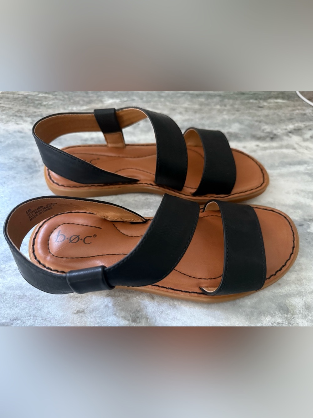 boc Black Leather Strap Women’s Sandals with Tan Footbed